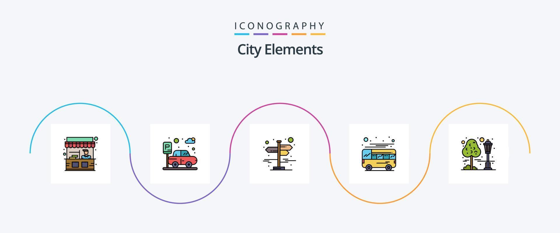 città elementi linea pieno piatto 5 icona imballare Compreso città. trasporto. direzione. Locale. autobus vettore