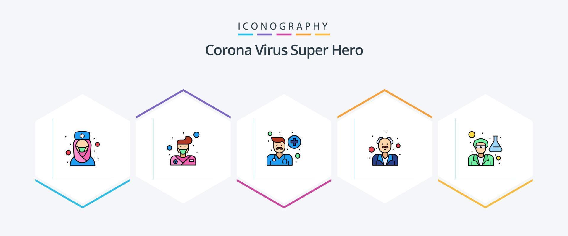 corona virus super eroe 25 riga piena icona imballare Compreso medico. umano. avatar. medico. anziano vettore