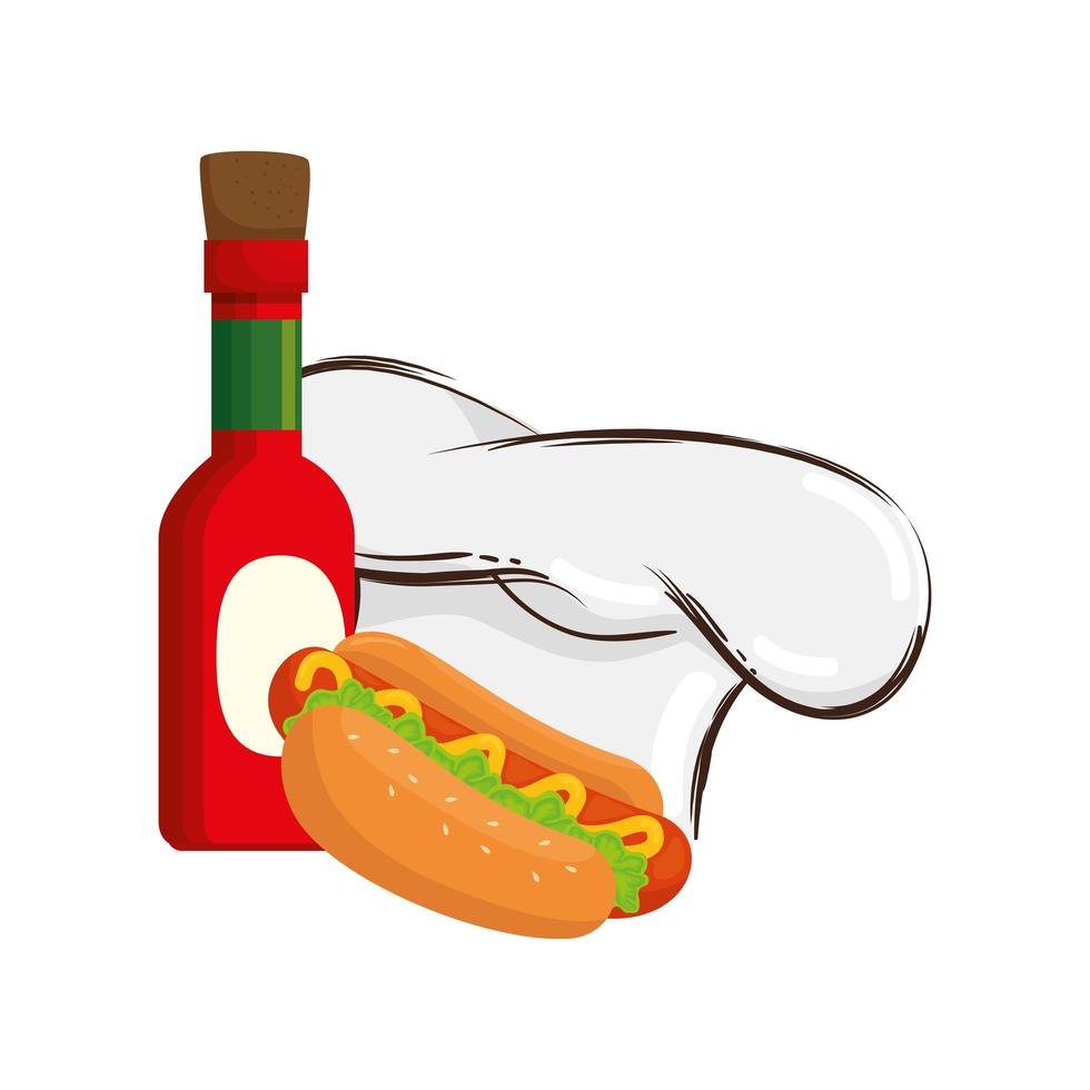 deliziosa salsa con hot dog e cappello da chef vettore