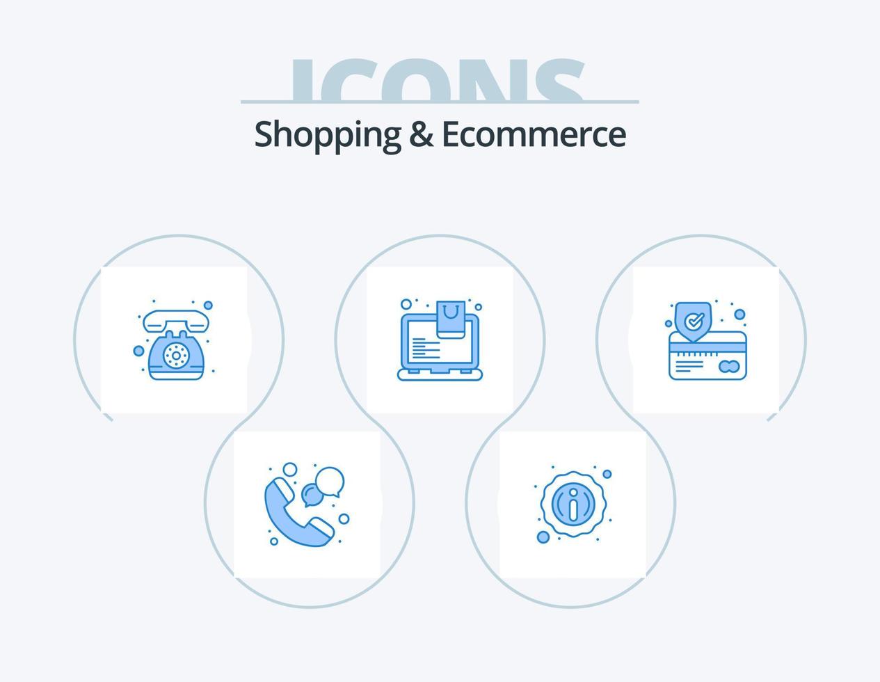 shopping e e-commerce blu icona imballare 5 icona design. sicuro. carta. Telefono. Borsa. negozio vettore