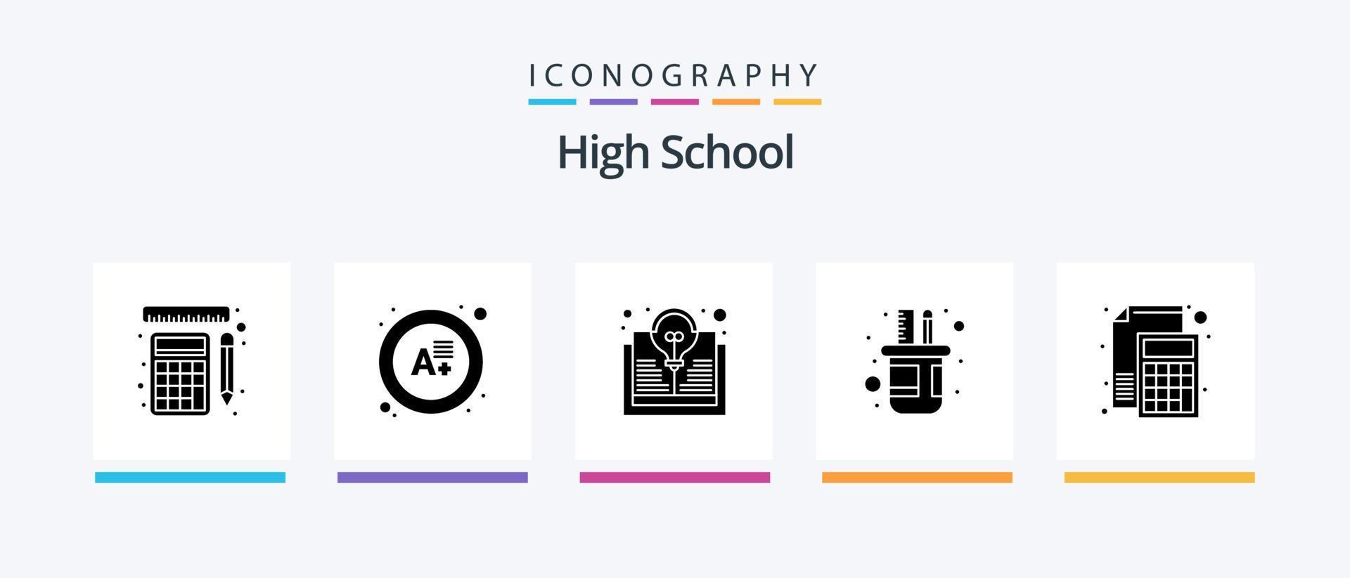 alto scuola glifo 5 icona imballare Compreso file. contabilità. libro. scala. matita. creativo icone design vettore