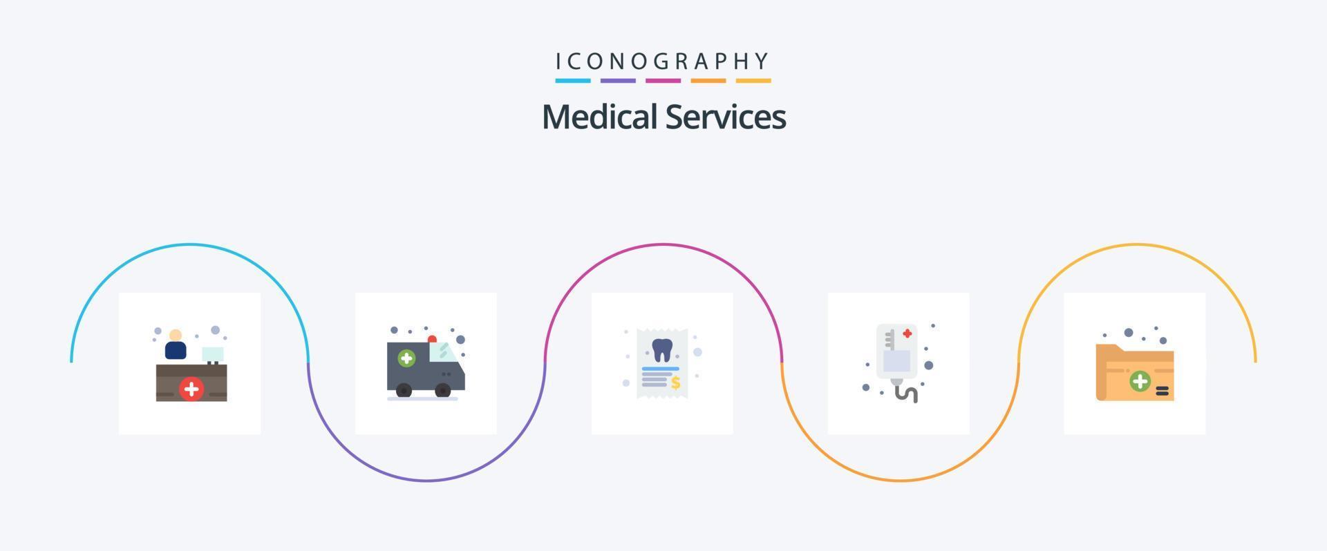 medico Servizi piatto 5 icona imballare Compreso medico. cartella. rapporto. documento. iv vettore