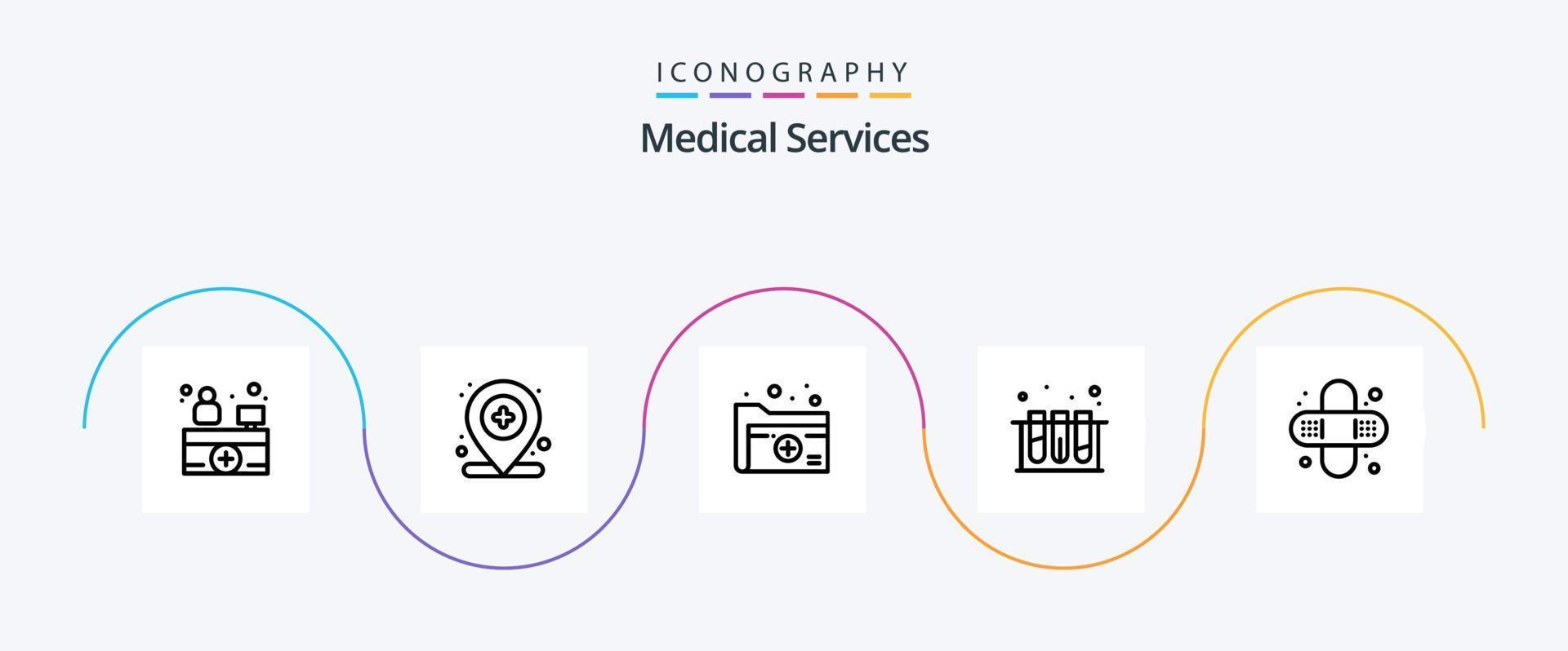 medico Servizi linea 5 icona imballare Compreso Salute. vasca. cartella. test. medico vettore