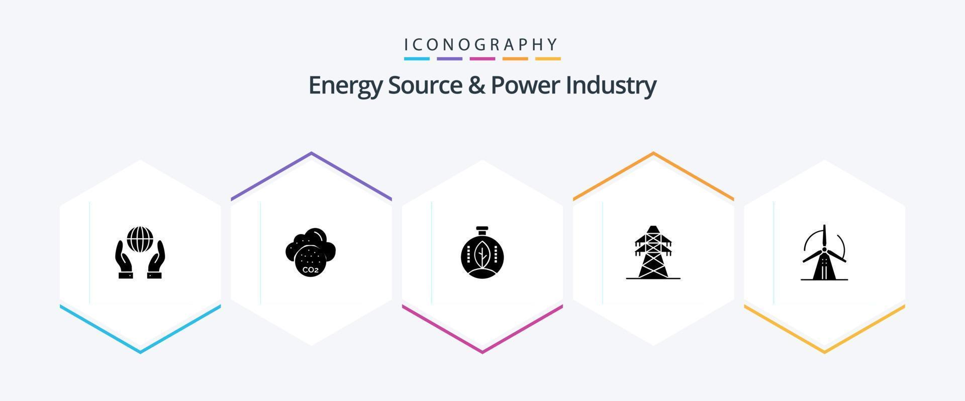 energia fonte e energia industria 25 glifo icona imballare Compreso energia. turbina. innovazione. trasmissione Torre. energia vettore
