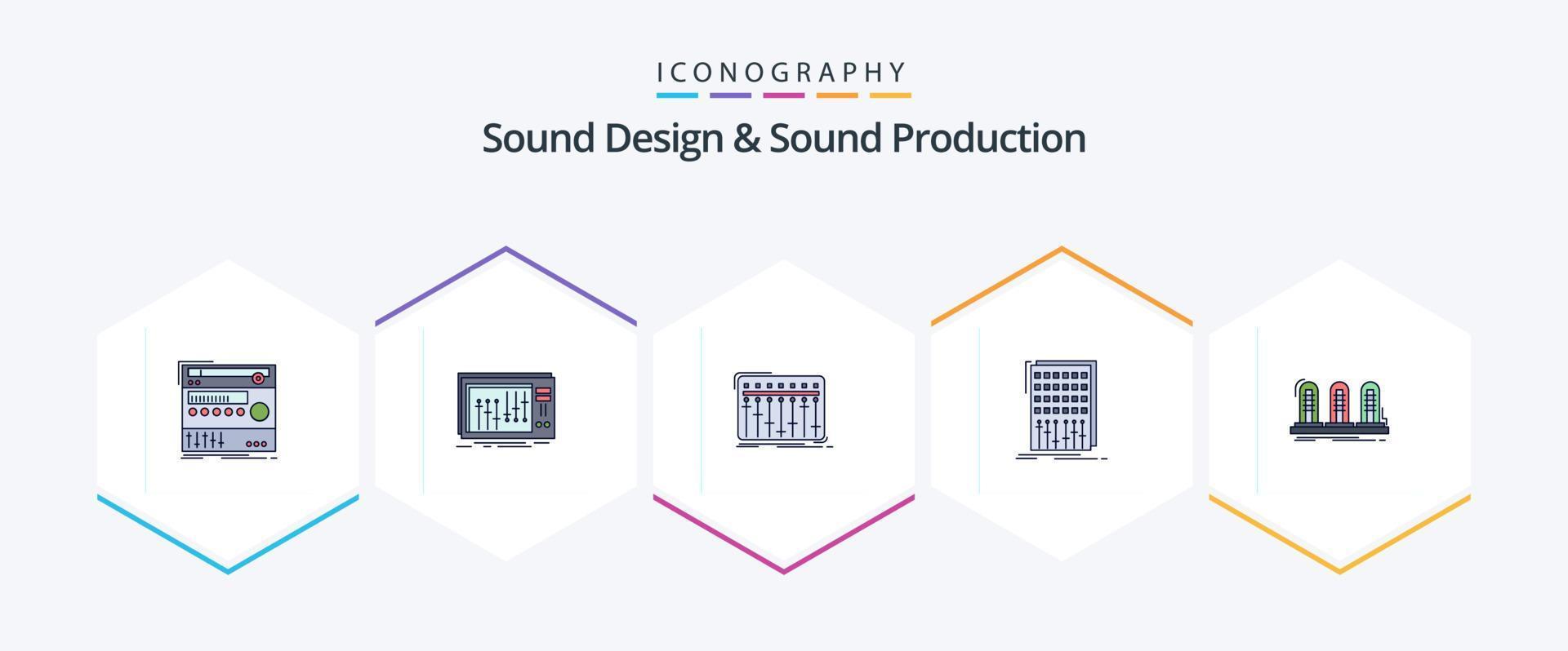suono design e suono produzione 25 riga piena icona imballare Compreso lampada. amplificatore. musica. studio. mescolare vettore