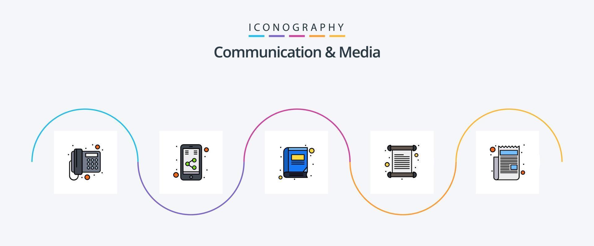 comunicazione e media linea pieno piatto 5 icona imballare Compreso giornale. fattura. libro. invitare. carta vettore