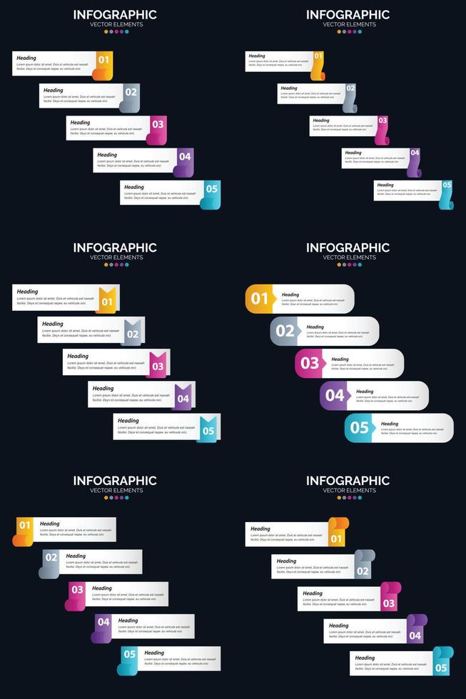 vettore 6 infografica imballare presentazione diapositiva modello 5 passaggi ciclo diagrammi e linea del tempo