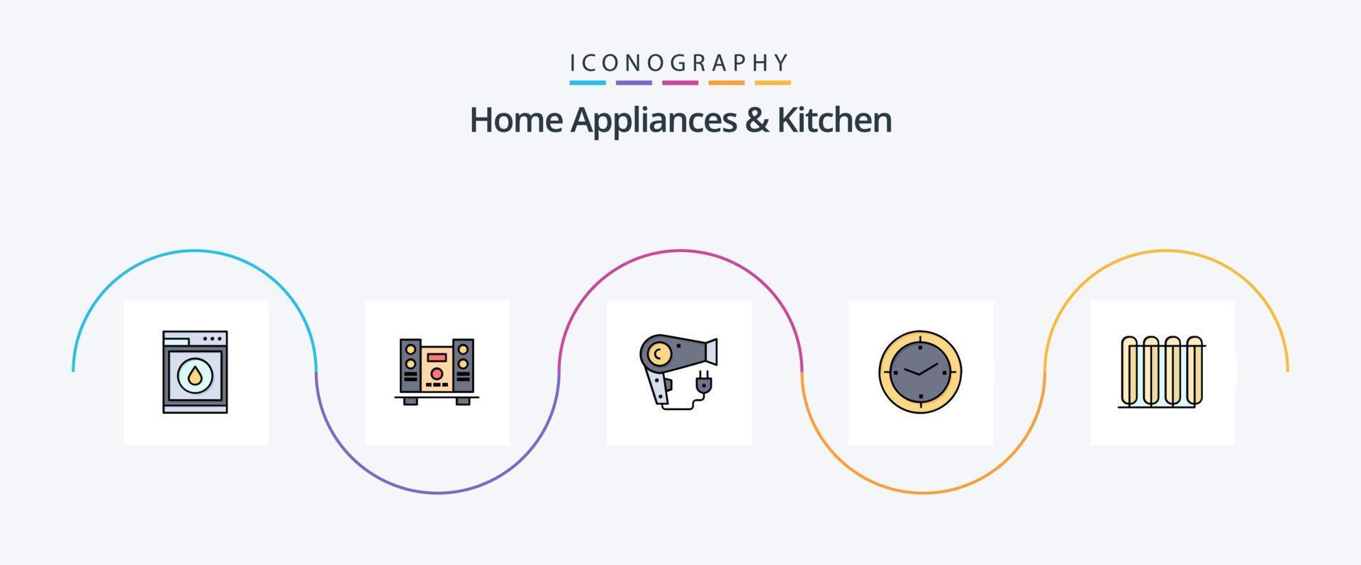 casa elettrodomestici e cucina linea pieno piatto 5 icona imballare Compreso stufa. macchina. asciugatrice. bussola. tempo vettore