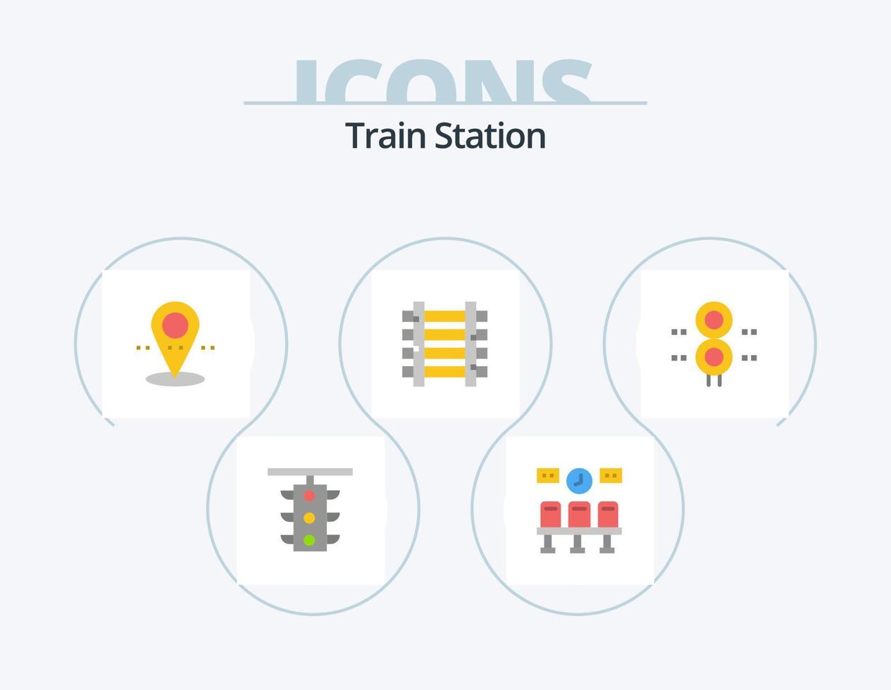 treno stazione piatto icona imballare 5 icona design. stazione. trasporto. orologio. treno. linee ferroviarie vettore