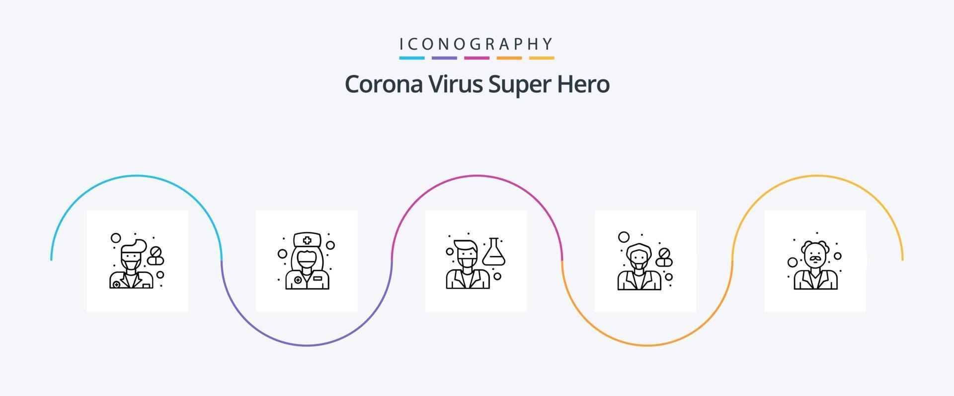 corona virus super eroe linea 5 icona imballare Compreso farmacista. Salute. laboratorio. femmina. maschio vettore