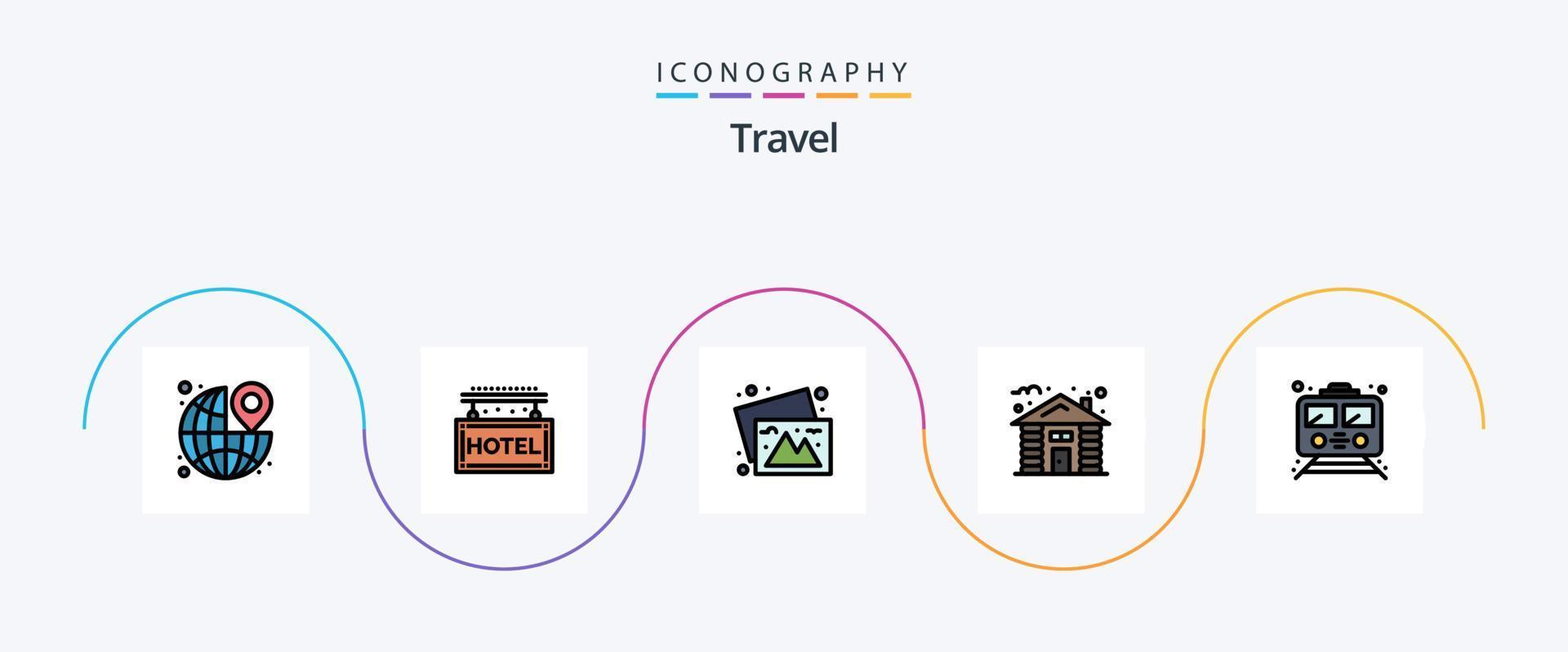 viaggio linea pieno piatto 5 icona imballare Compreso la metropolitana. capanna. riposo. Casa. immagini vettore