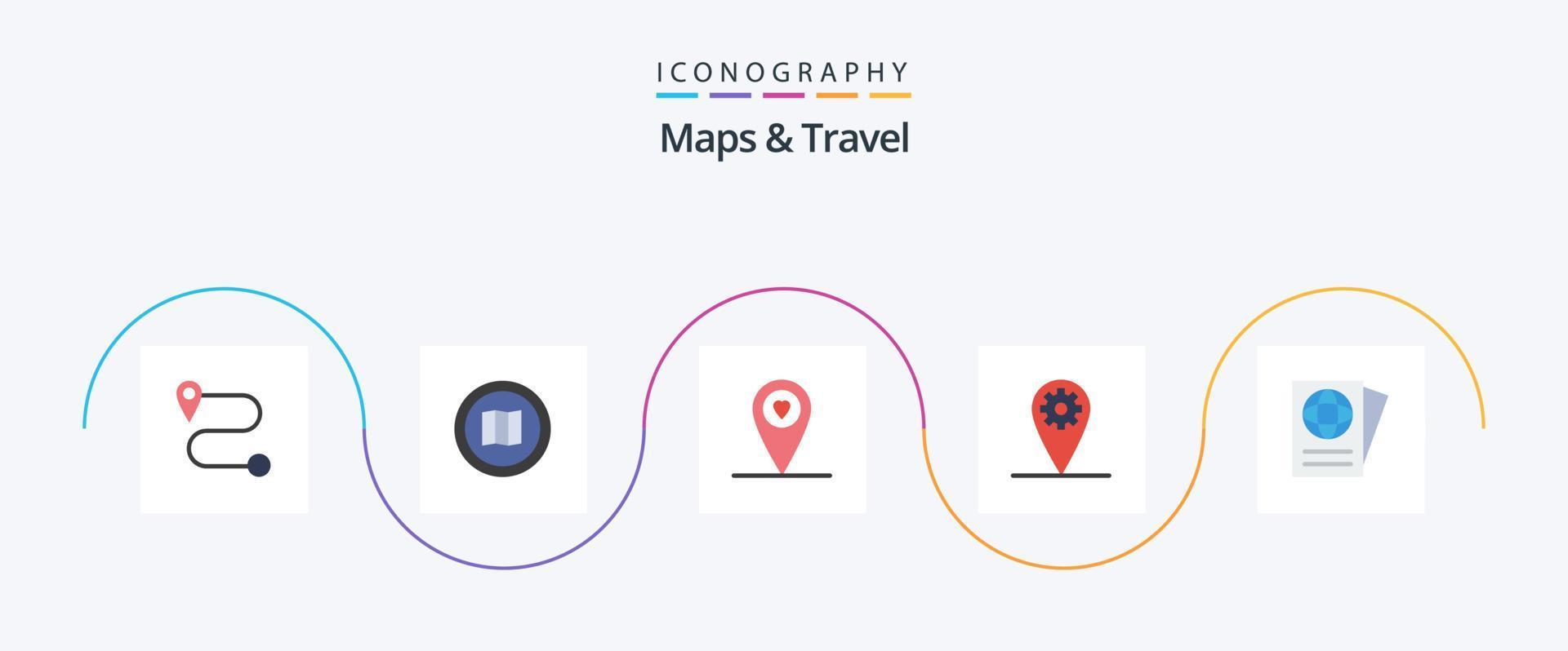 mappe e viaggio piatto 5 icona imballare Compreso . Ingranaggio. passaporto vettore