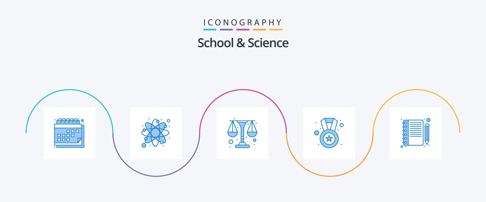 scuola e scienza blu 5 icona imballare Compreso taccuino. distintivo. fisica. ricompensa. premio vettore