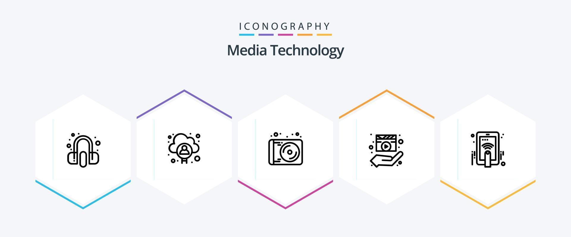 media tecnologia 25 linea icona imballare Compreso mano. media giocatore. dispositivo. mani. direttore vettore