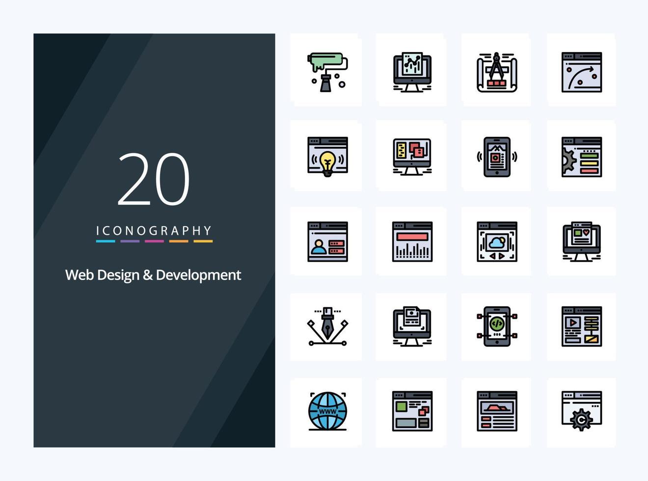 20 ragnatela design e sviluppo linea pieno icona per presentazione vettore