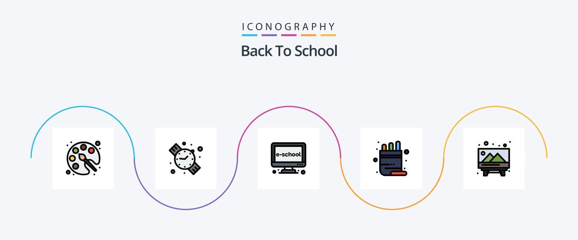 indietro per scuola linea pieno piatto 5 icona imballare Compreso Immagine. matita. formazione scolastica. pentola. scuola vettore