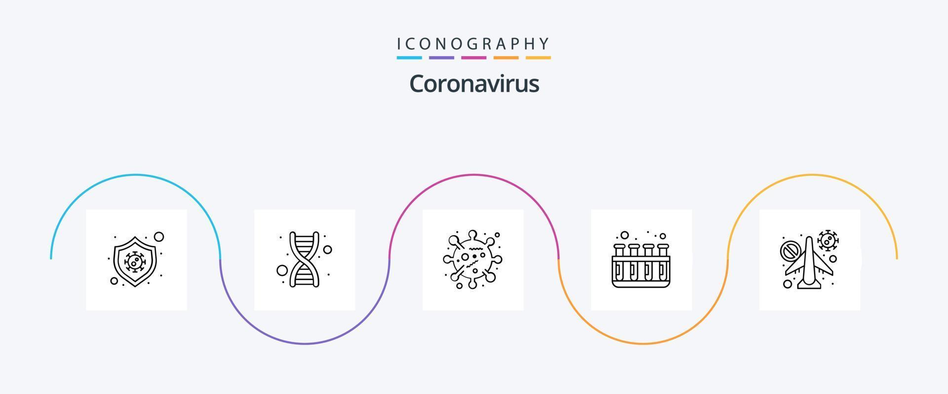 coronavirus linea 5 icona imballare Compreso viaggio. tubi. virus. test. corona virus vettore