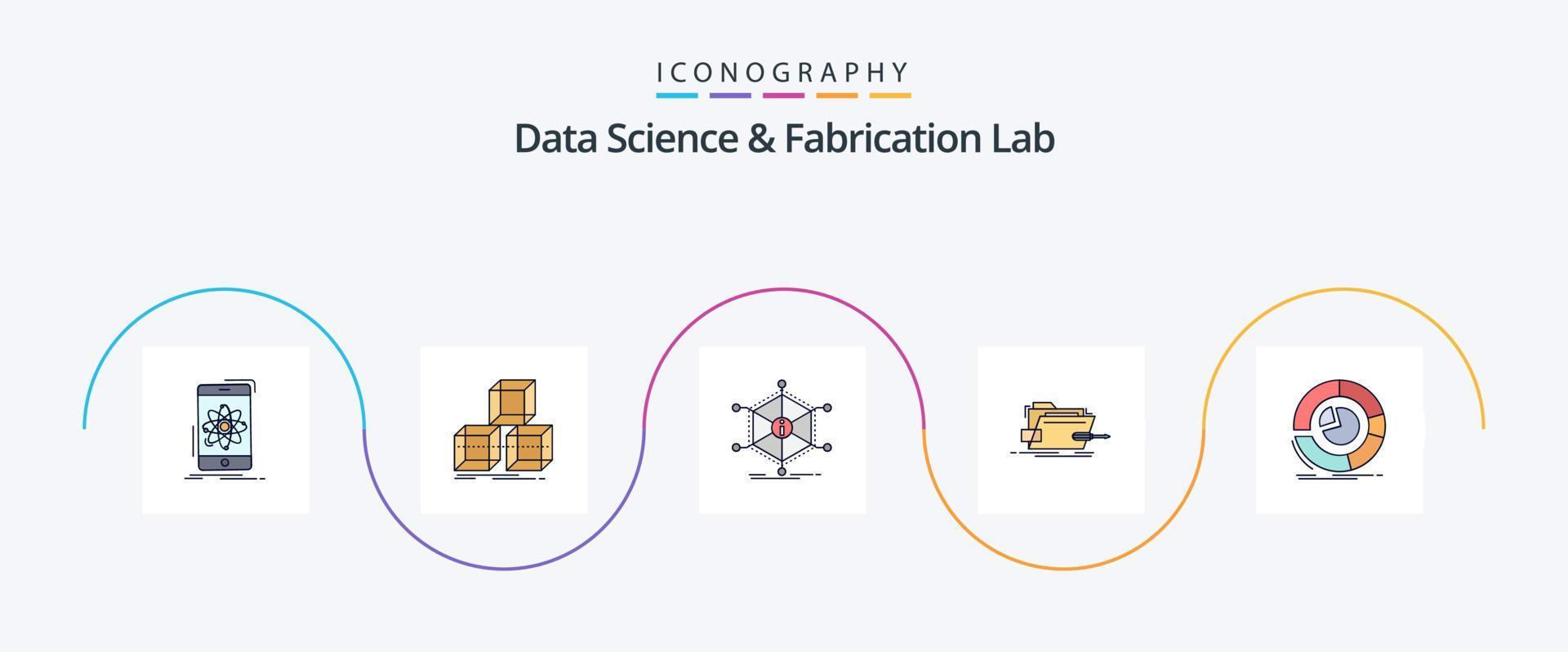 dati scienza e costruzione laboratorio linea pieno piatto 5 icona imballare Compreso tecnico. riparazione. scatola. scatola. informazione vettore