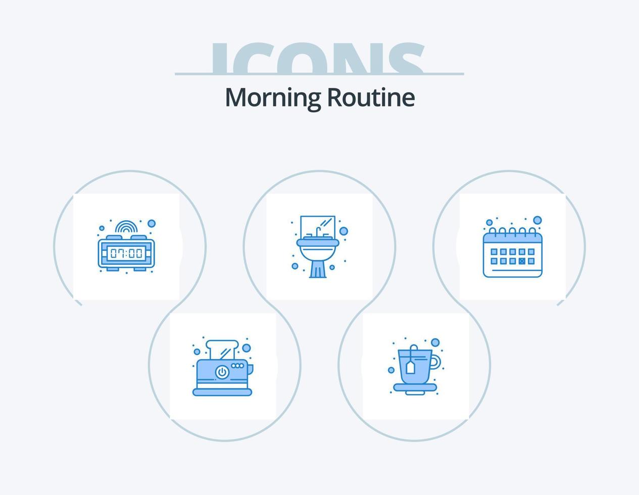mattina routine blu icona imballare 5 icona design. routine. orologio. digitale orologio. calendario. lavabo vettore