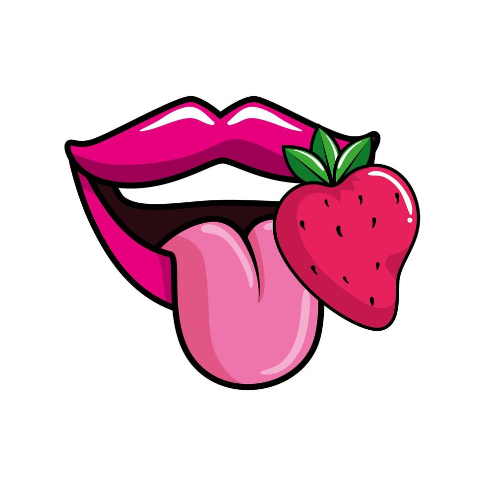 bocca sexy con la lingua fuori e l'icona di stile pop art fragola vettore