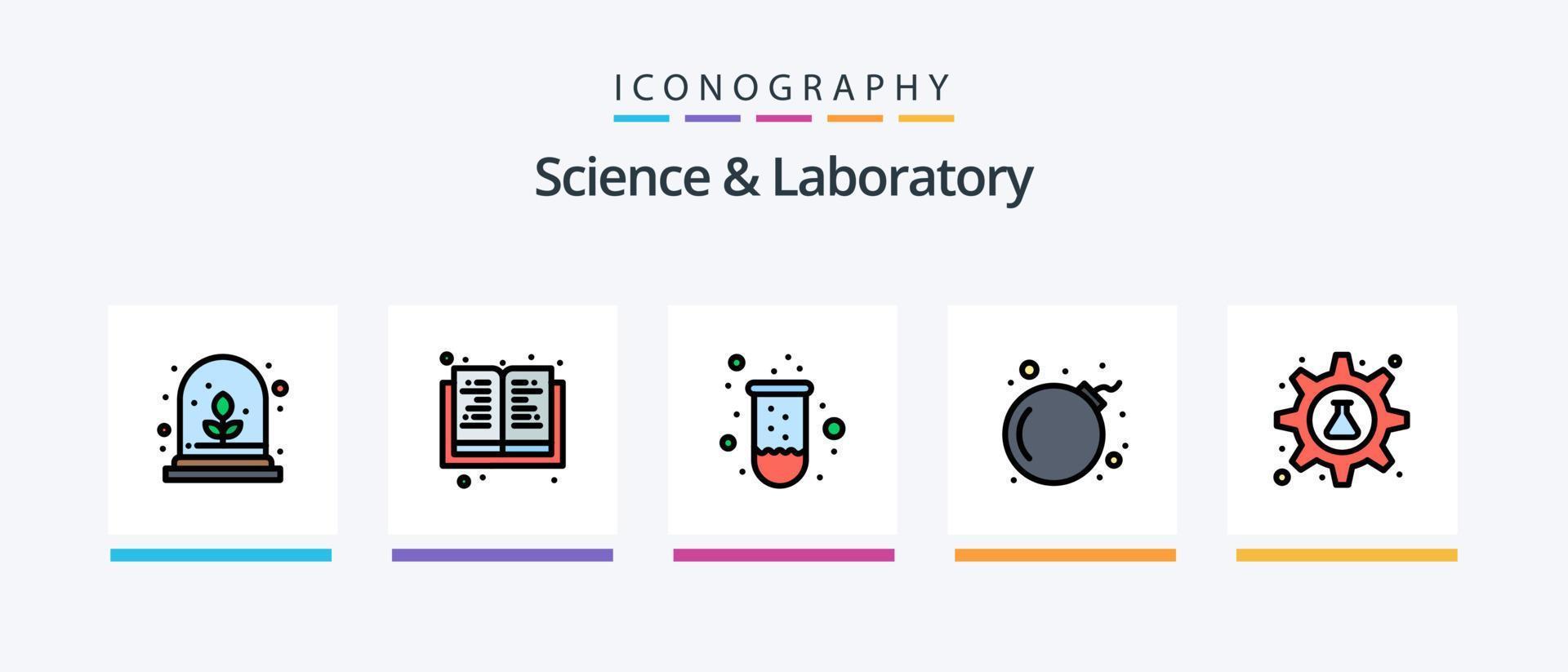 scienza linea pieno 5 icona imballare Compreso molecola. atomo. bicchiere. tubo. laboratorio. creativo icone design vettore
