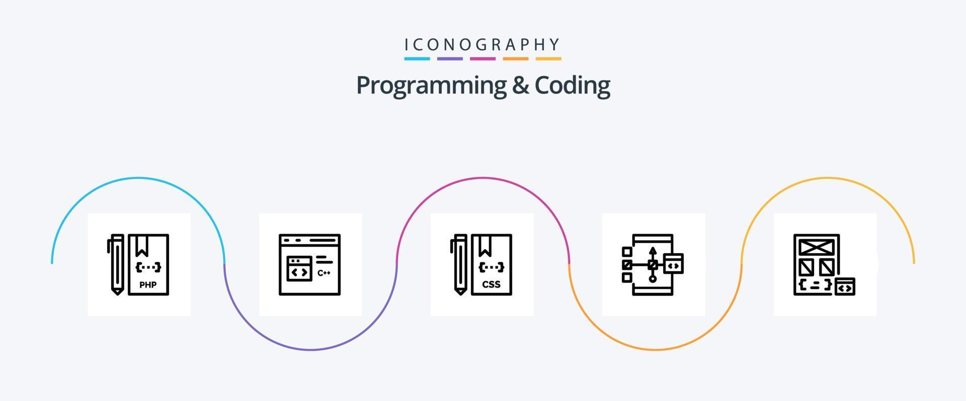 programmazione e codifica linea 5 icona imballare Compreso sviluppare. app. sviluppare. sviluppo. css vettore