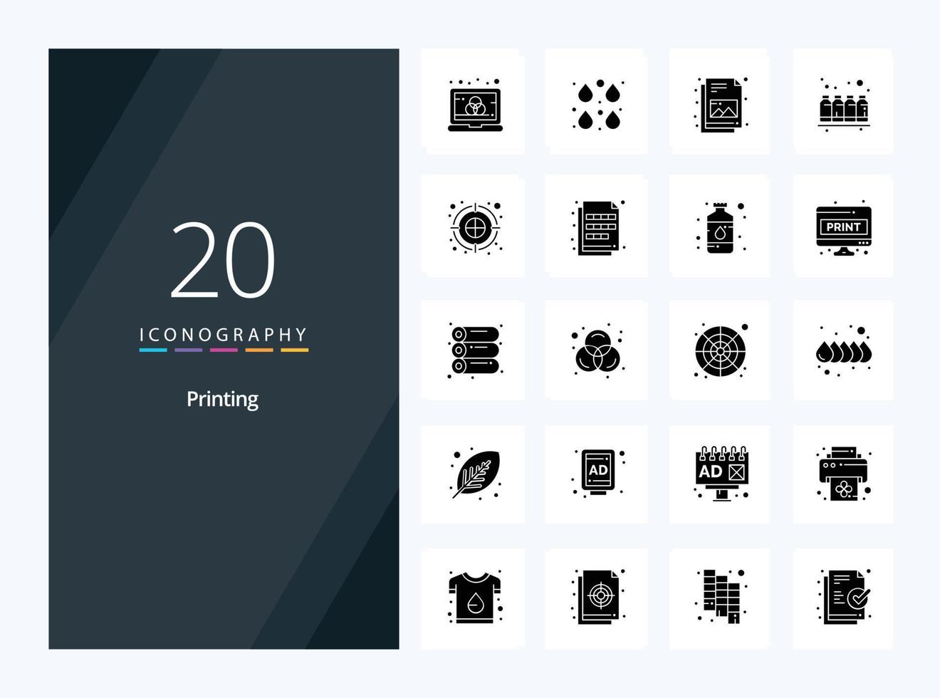 20 stampa solido glifo icona per presentazione vettore