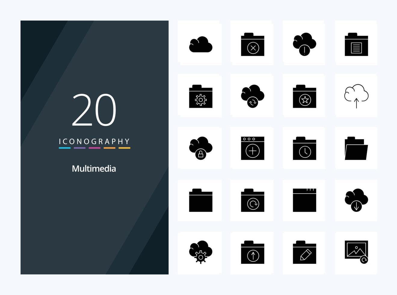 20 multimedia solido glifo icona per presentazione vettore