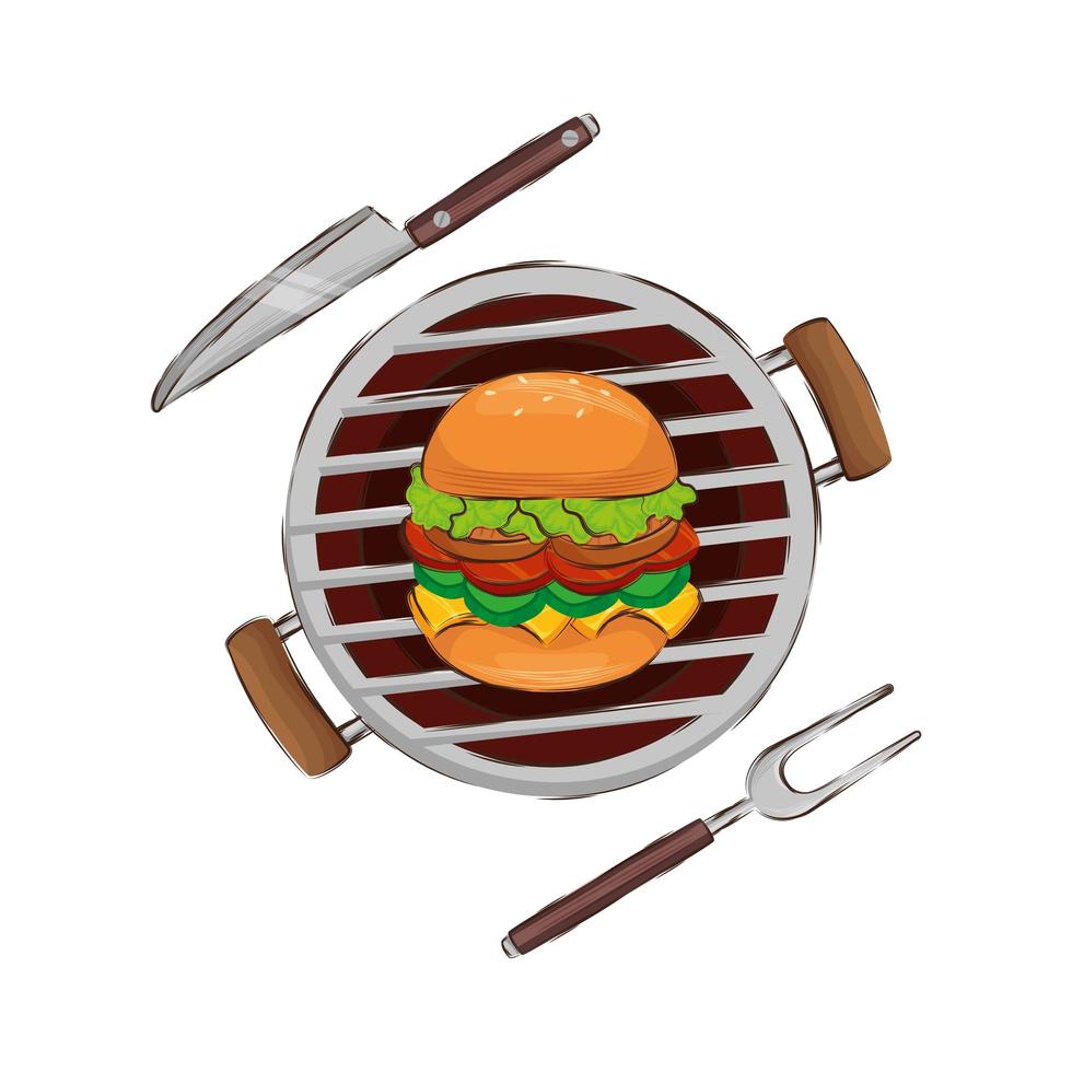 forno barbecue con hamburger icona isolato vettore