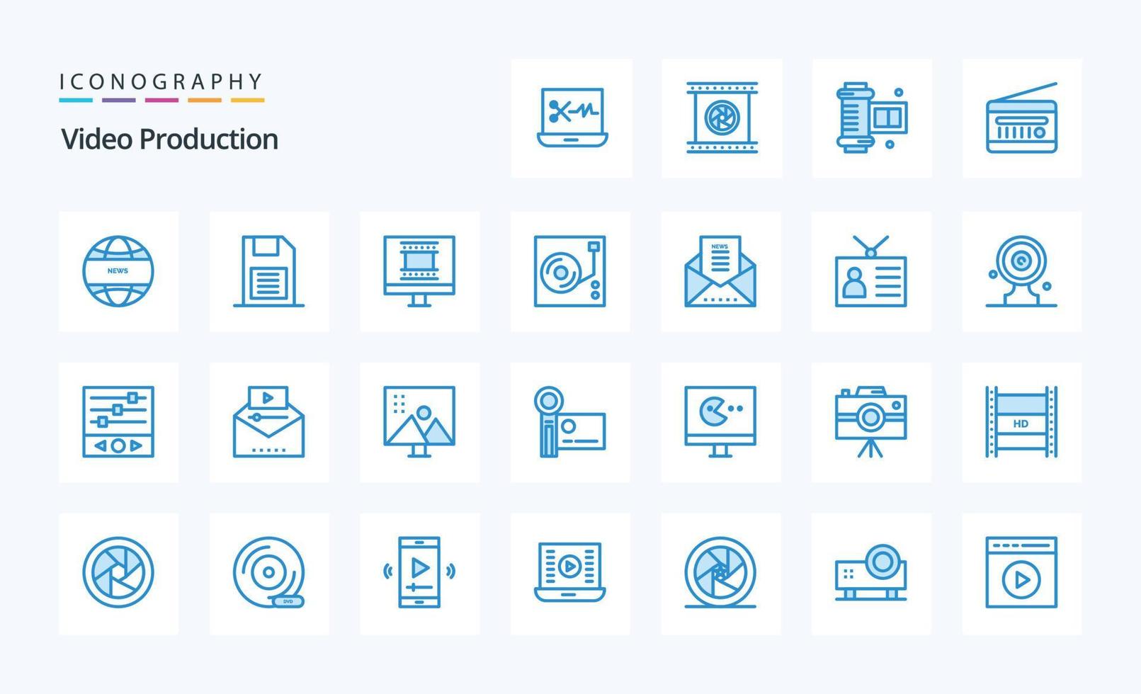 25 video produzione blu icona imballare vettore