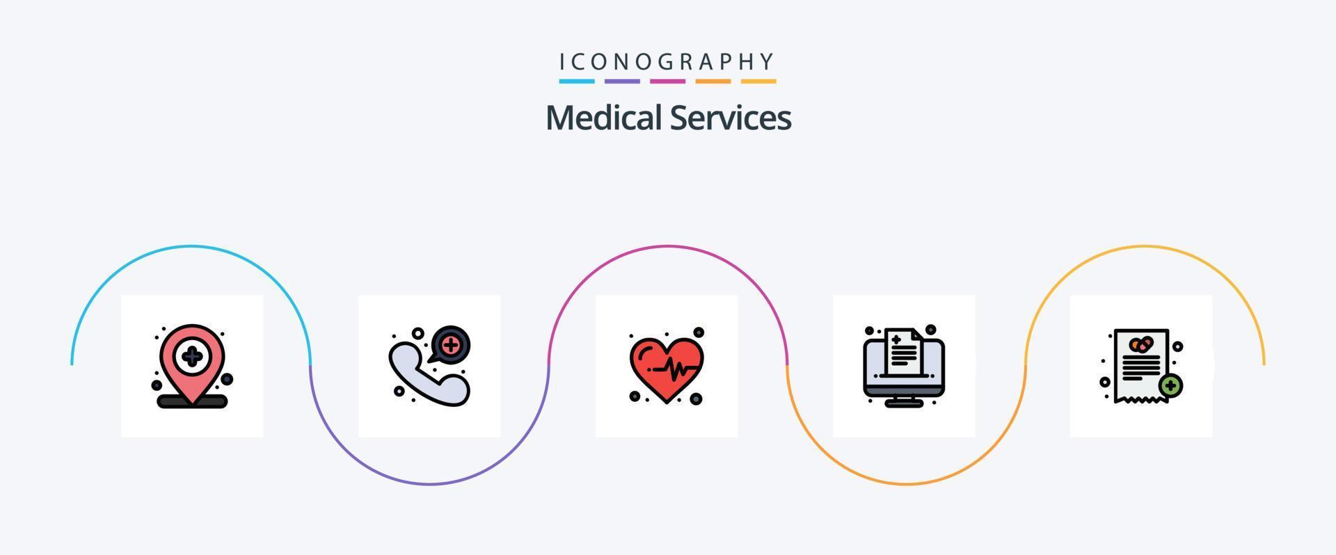 medico Servizi linea pieno piatto 5 icona imballare Compreso medico. medico. medico. in linea. assistenza sanitaria vettore