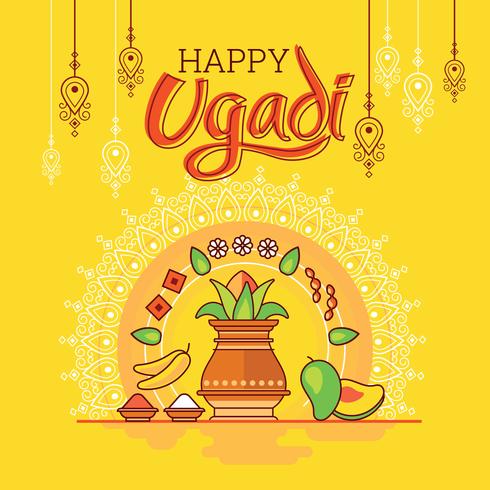 Felice Ugadi. Modello Greeting Card tradizionale cibo indiano festivo. Stile minimalista vettore