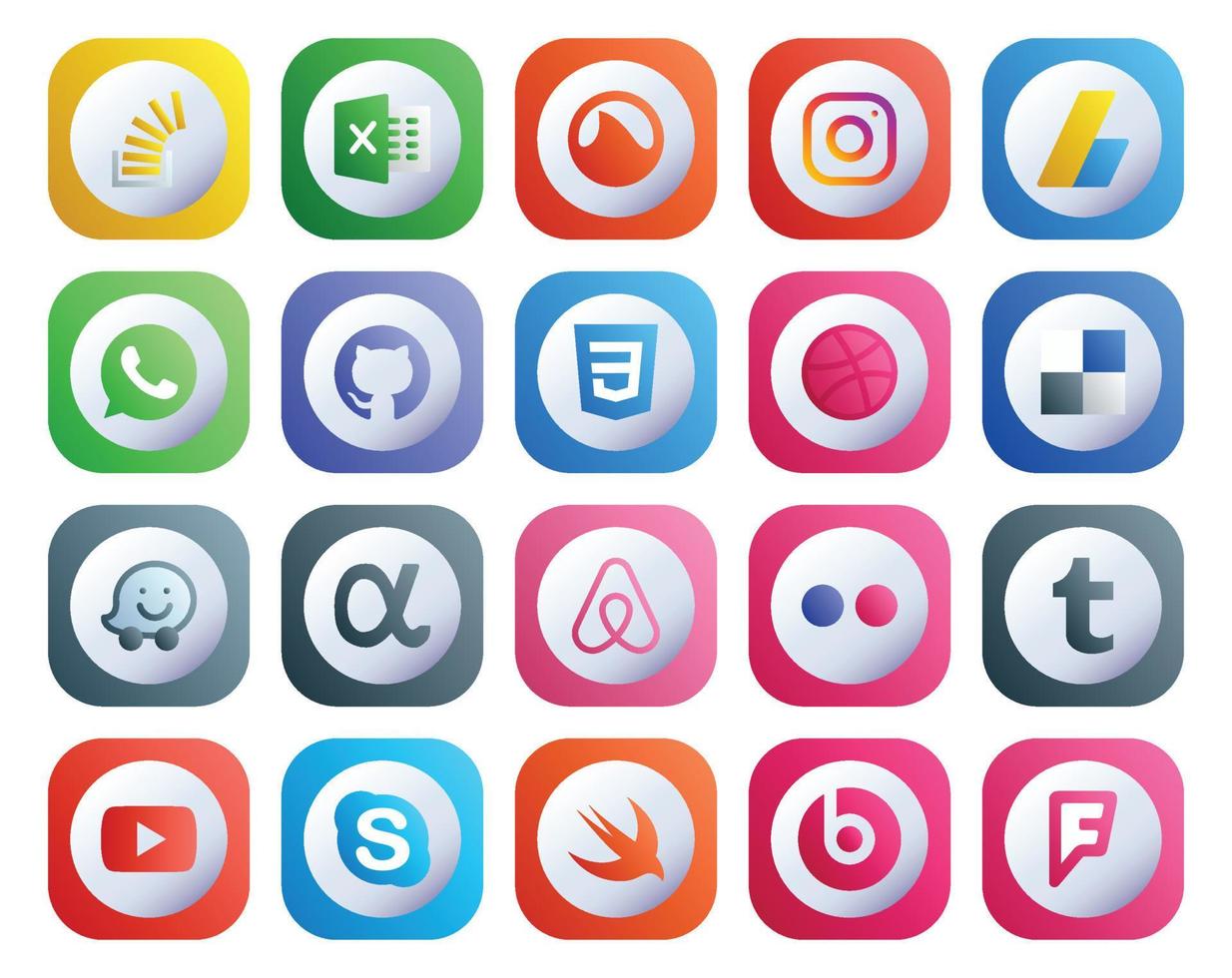 20 sociale media icona imballare Compreso flickr App netto Annunci guarda Dribbble vettore