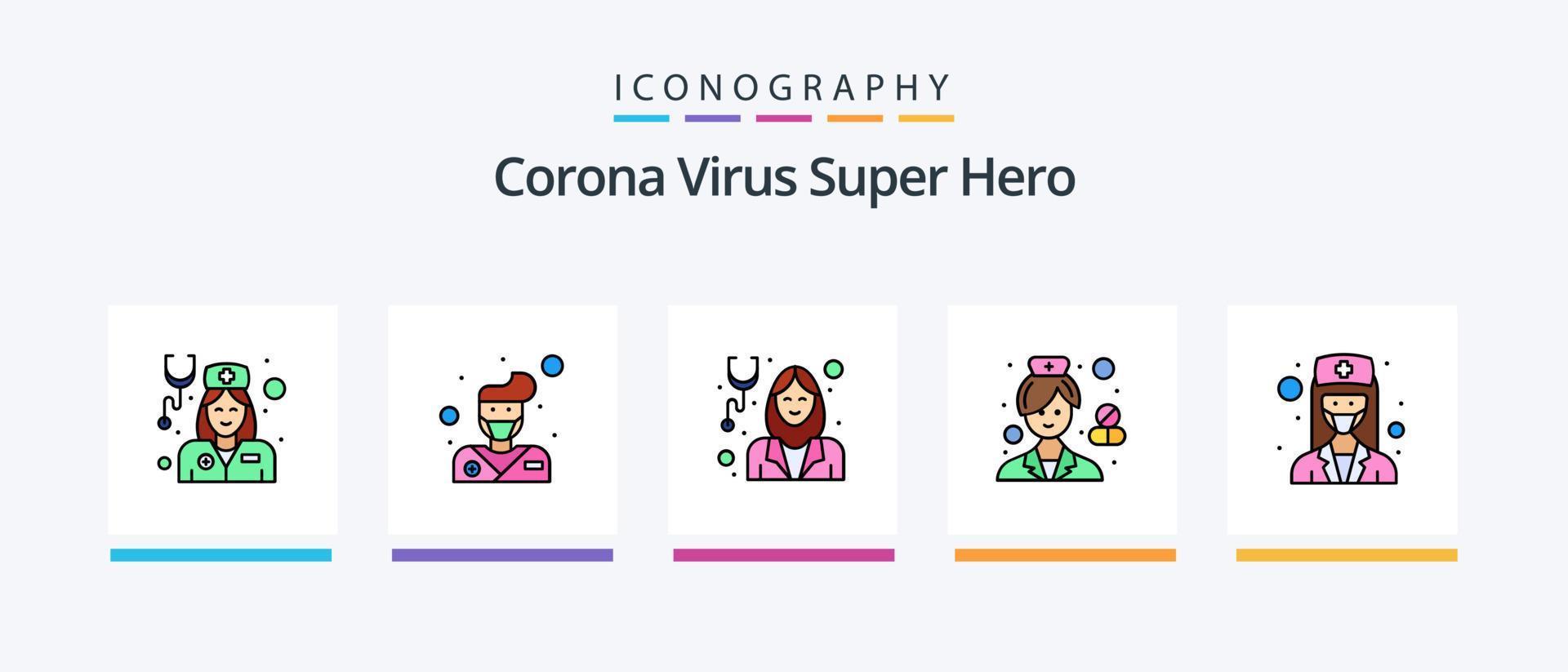 corona virus super eroe linea pieno 5 icona imballare Compreso avatar. medico. maschio avatar. avatar. Salute cura. creativo icone design vettore