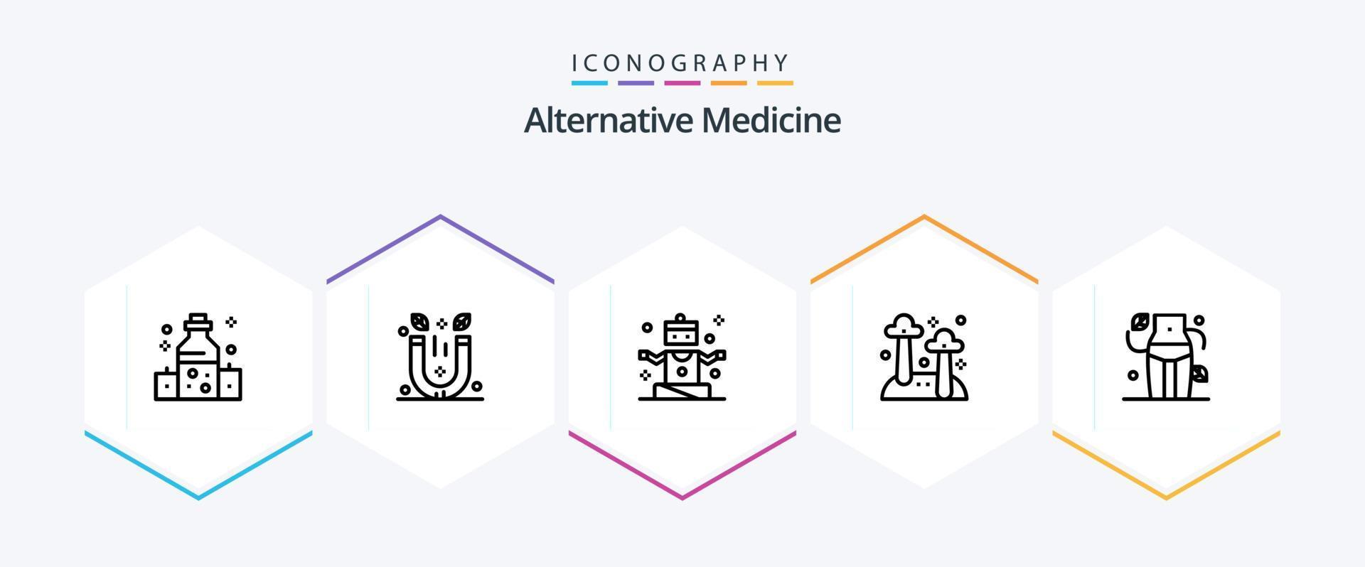 alternativa medicina 25 linea icona imballare Compreso vita. natura. esercizio. fungo. cibo vettore