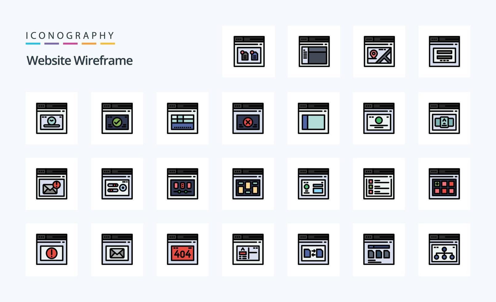 25 sito web wireframe linea pieno stile icona imballare vettore