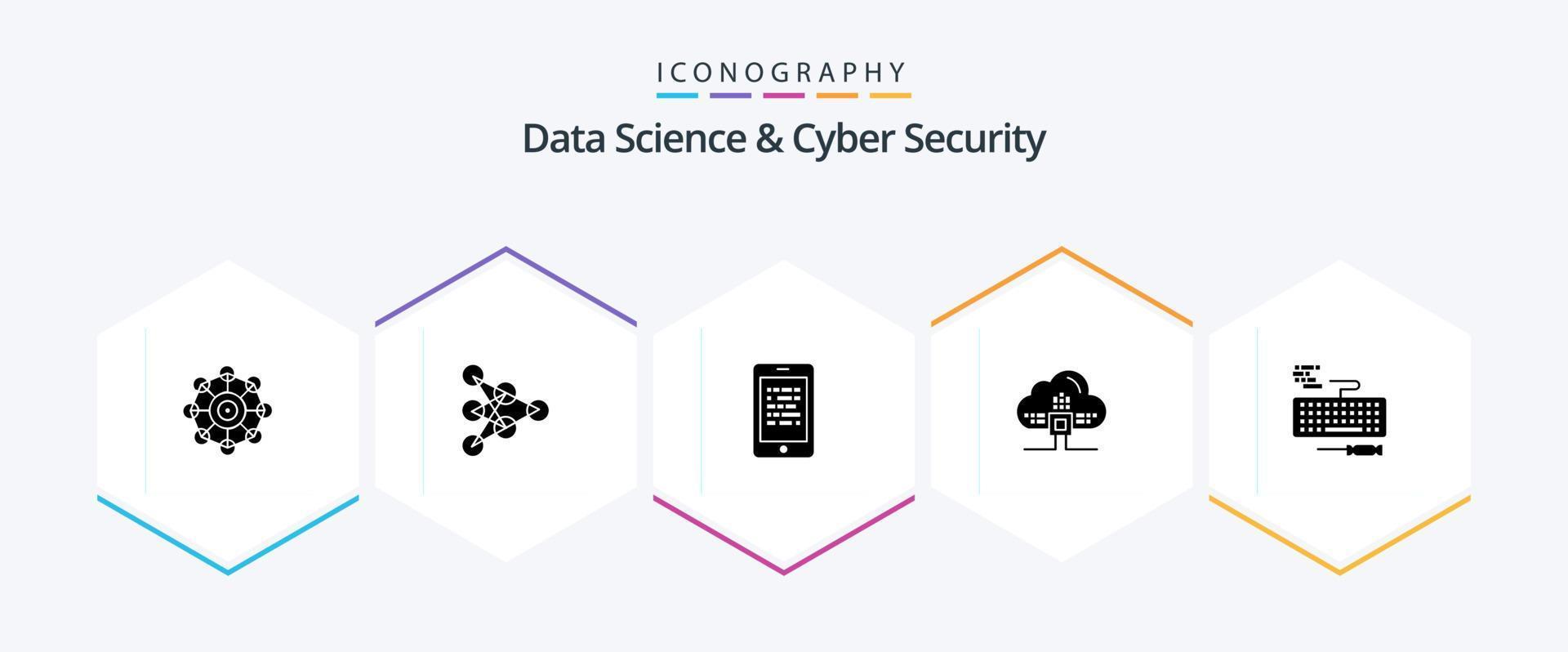 dati scienza e informatica sicurezza 25 glifo icona imballare Compreso chiave. nube. mobile. dati. elearning vettore