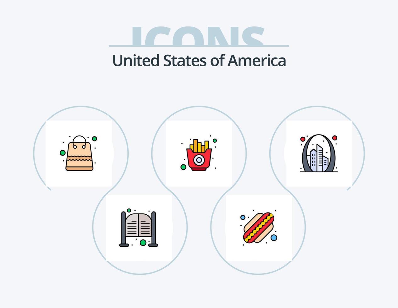 Stati Uniti d'America linea pieno icona imballare 5 icona design. wurstel. negozio. pallacanestro. pacchi. Borsa vettore