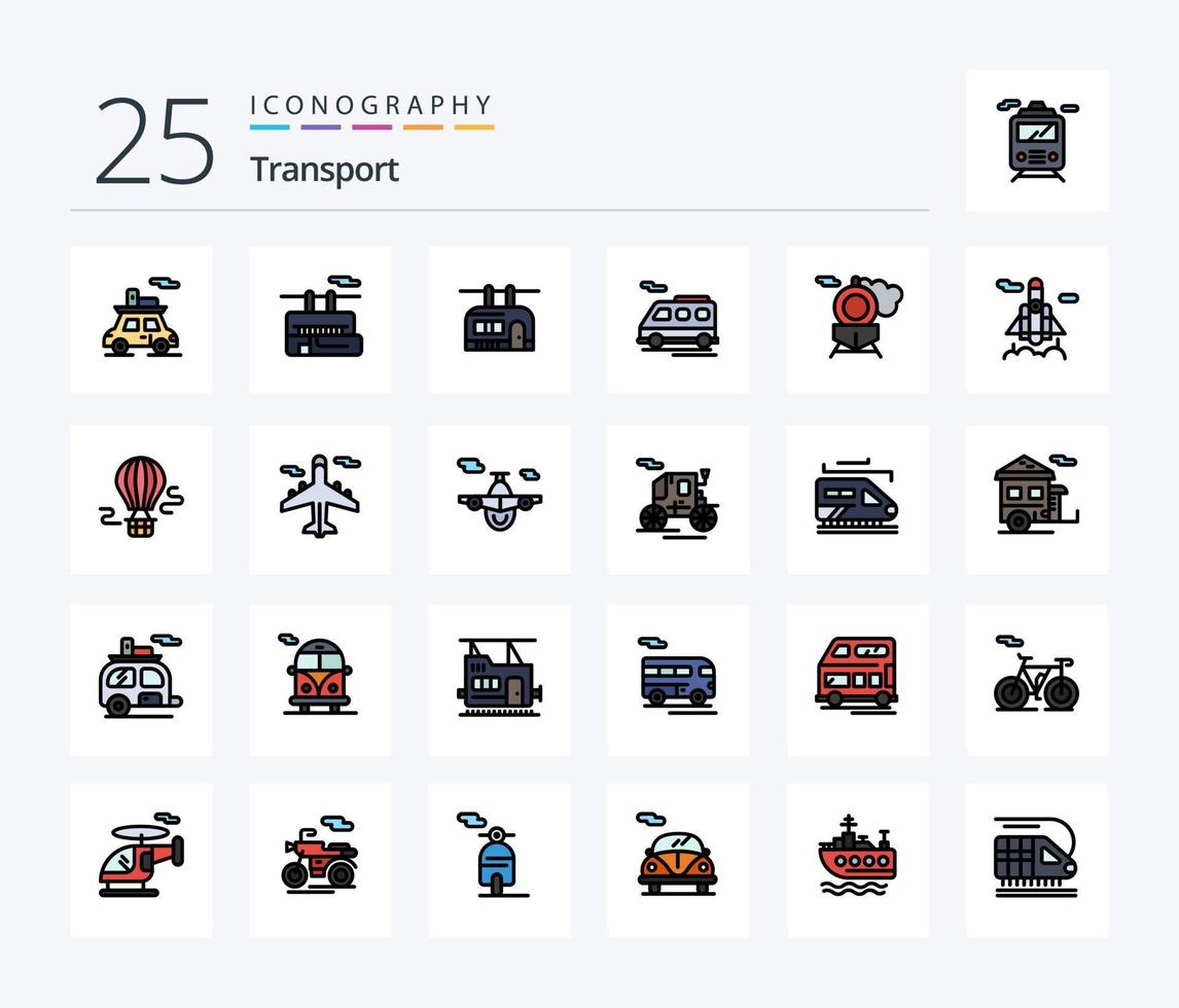 trasporto 25 linea pieno icona imballare Compreso aria. spazio. autobus. razzo. treno vettore