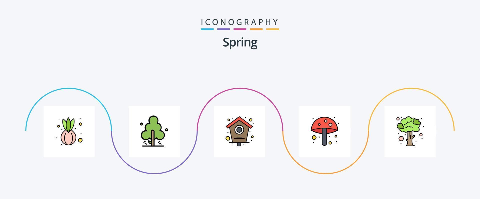 primavera linea pieno piatto 5 icona imballare Compreso albero. natura. uccello Casa. estate. cibo vettore