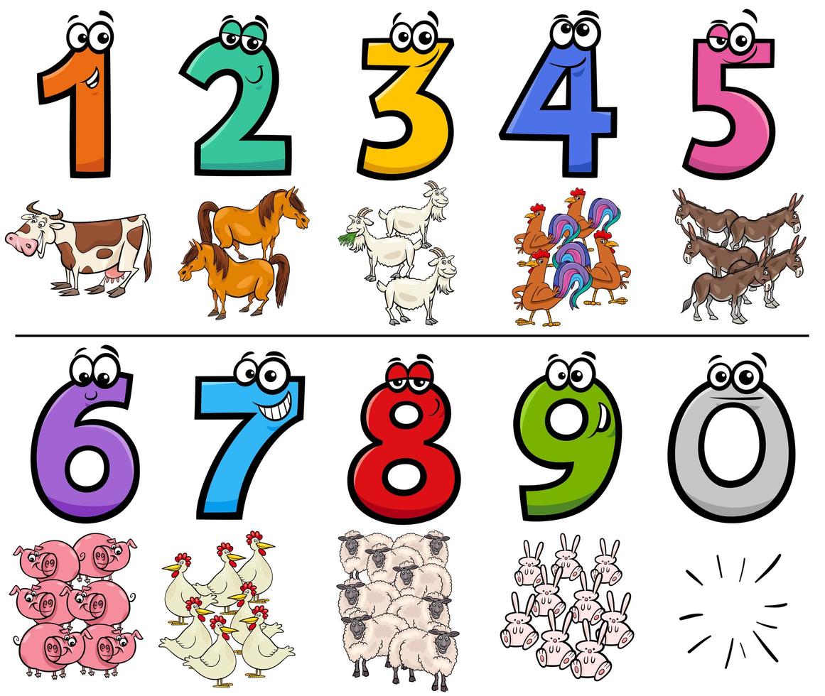 numeri di cartoni animati educativi con personaggi di animali da fattoria vettore