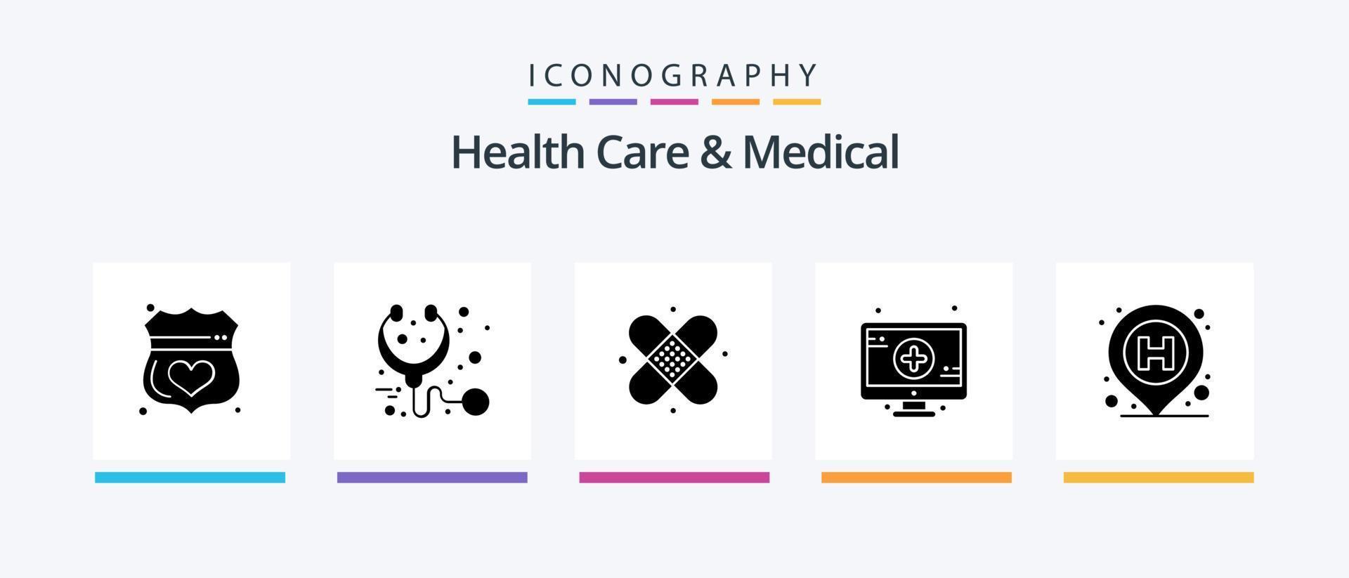 Salute cura e medico glifo 5 icona imballare Compreso Posizione. cartello. stetoscopio. tenere sotto controllo. malta. creativo icone design vettore