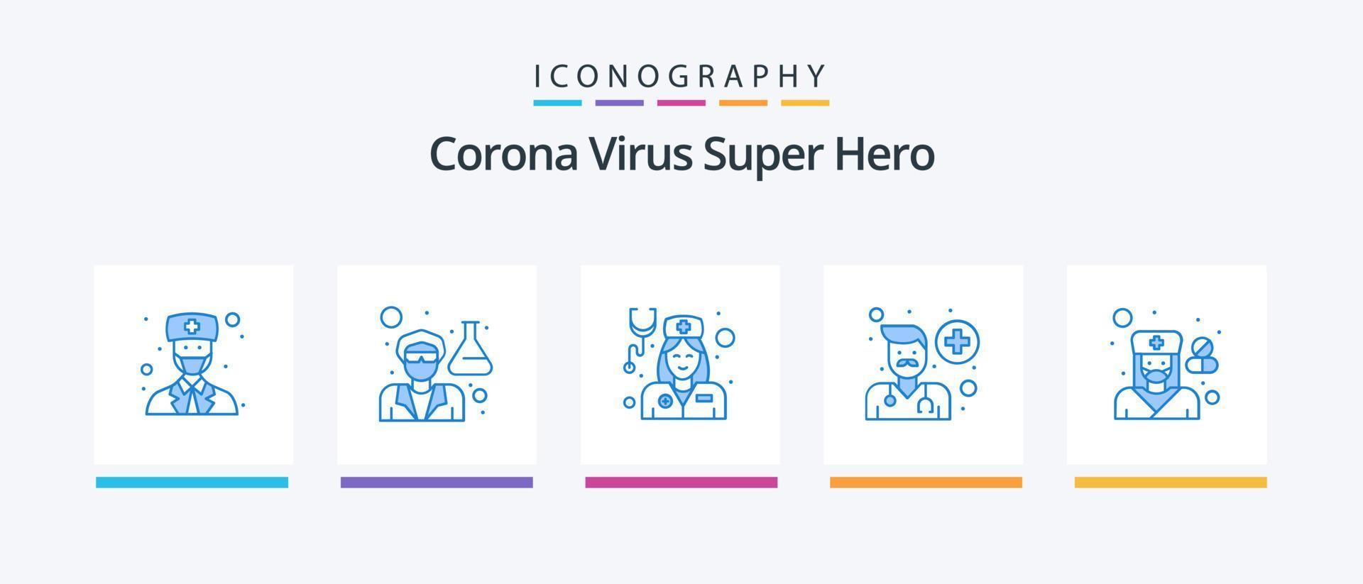 corona virus super eroe blu 5 icona imballare Compreso femmina. le persone. medico. uomo. avatar. creativo icone design vettore