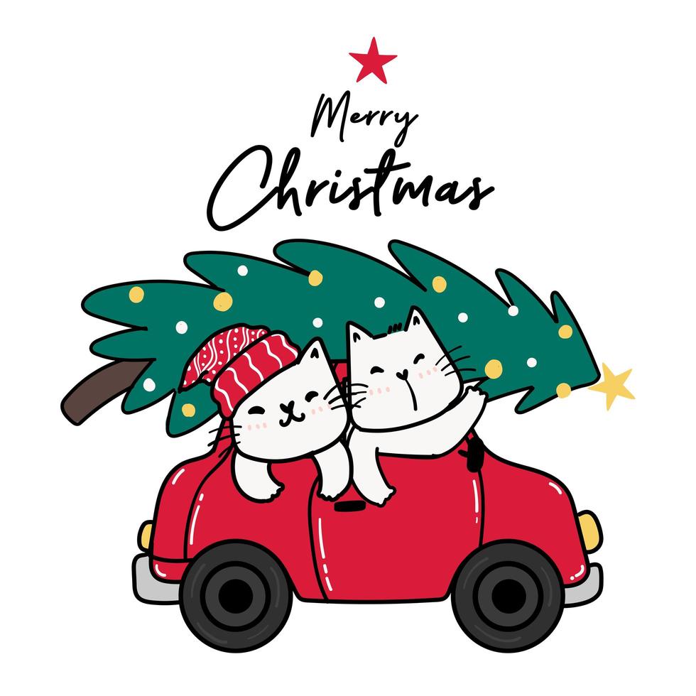 gatti felici alla guida di una macchina rossa con albero di pino di Natale vettore