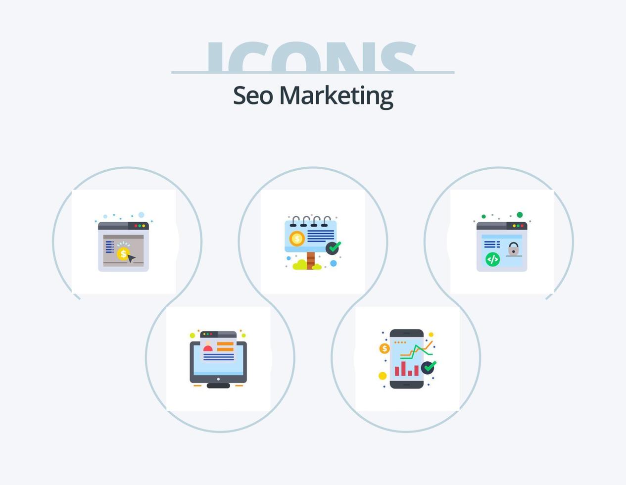 SEO marketing piatto icona imballare 5 icona design. marketing. marketing. cpc. anno Domini. annuncio pubblicitario vettore