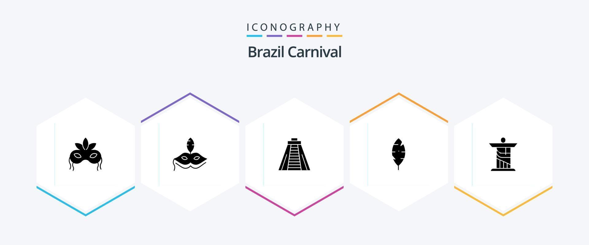 brasile carnevale 25 glifo icona imballare Compreso scrivere. piuma. chichen itza. celebrazione. brasiliano vettore