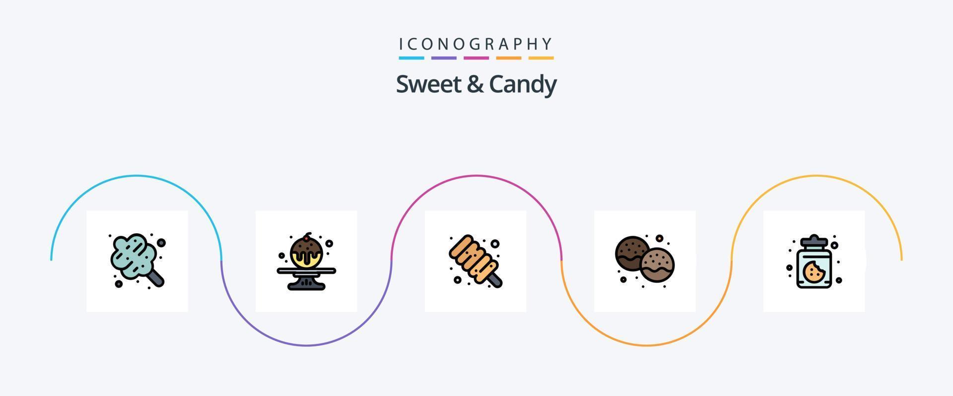 dolce e caramella linea pieno piatto 5 icona imballare Compreso dolci. dolce. marshmallow. cibo. ciambella vettore