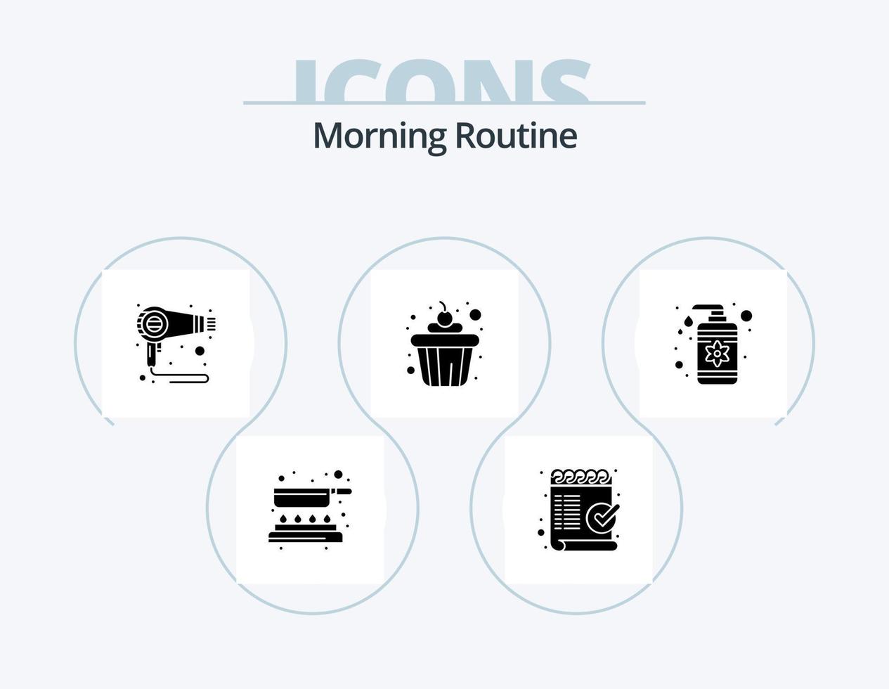 mattina routine glifo icona imballare 5 icona design. lozione. cibo. ok. tazza. macchina vettore