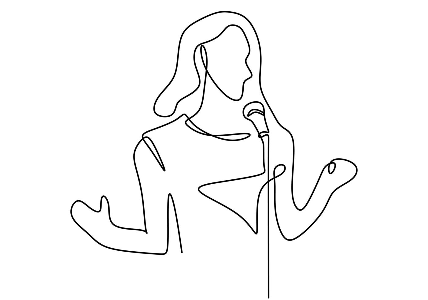 una cantante si esibisce con la sua canzone. intrattenere il pubblico con la sua voce. cantando una canzone romantica. musicista artista performance concept linea singola disegnare design illustrazione. vettore