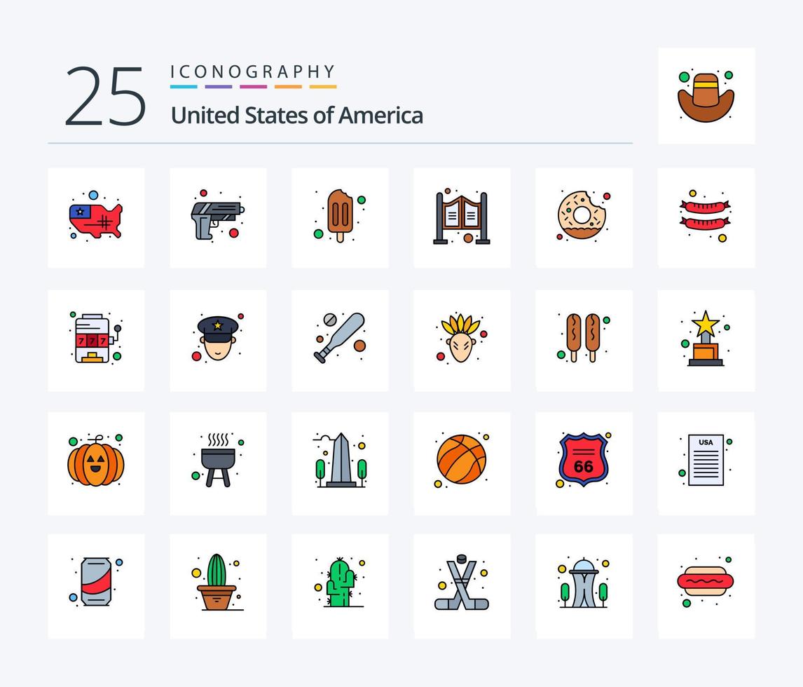 Stati Uniti d'America 25 linea pieno icona imballare Compreso delizioso. ciambella. ghiaccio crema. occidentale. domestico vettore